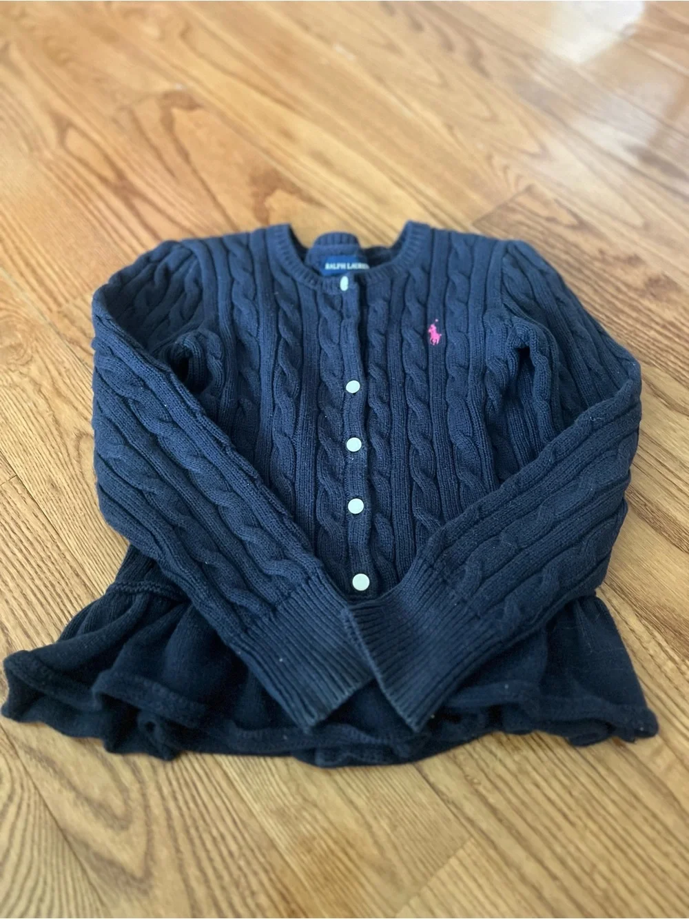 Girl’s Ralph Lauren Navy Cable-Knit Cardigan with Pink Pony Logo Size 6X
